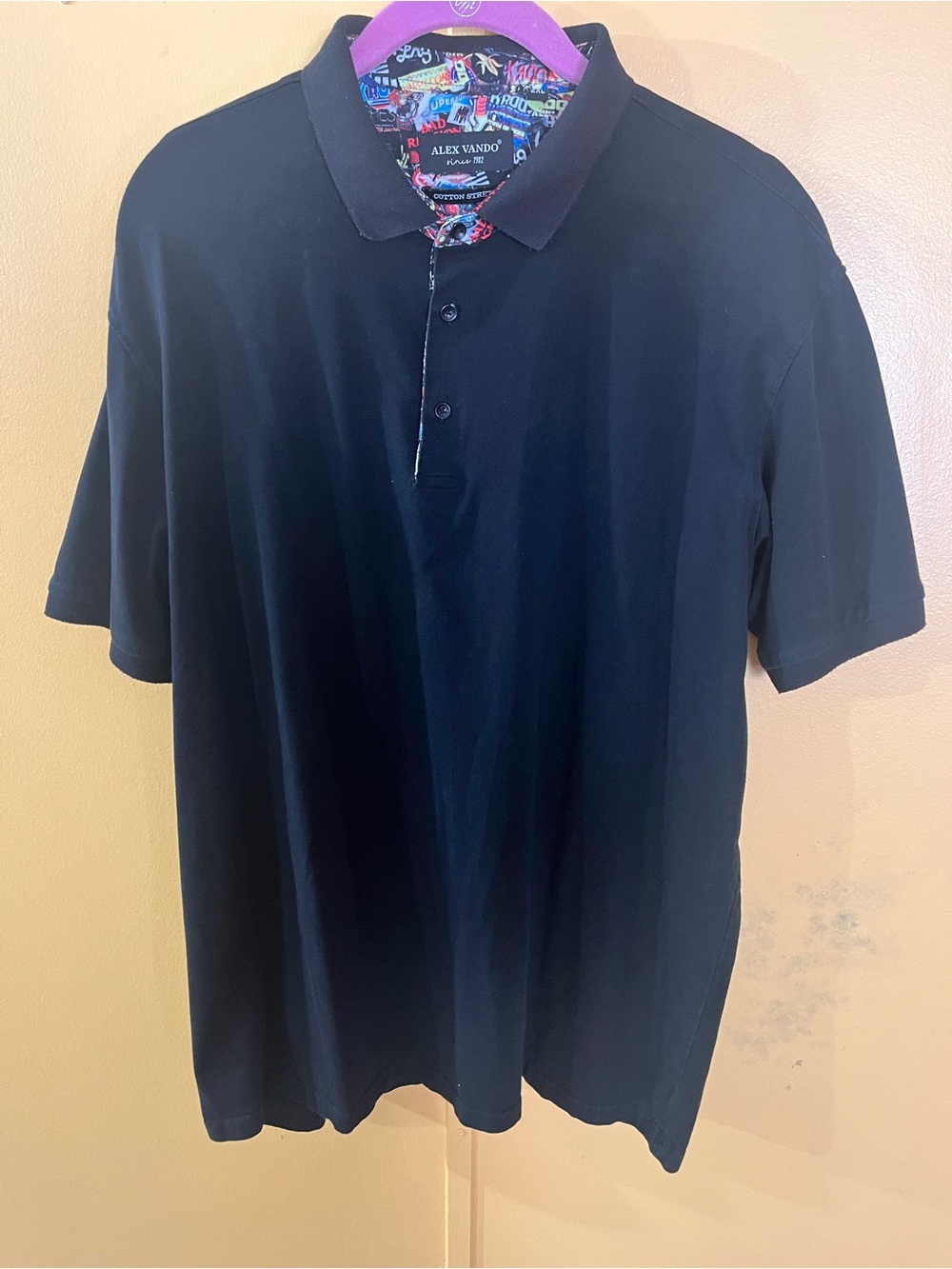 Men's 2XL Alex Vando Black Polo Shirt 3 Button with Contrast Collar Detail